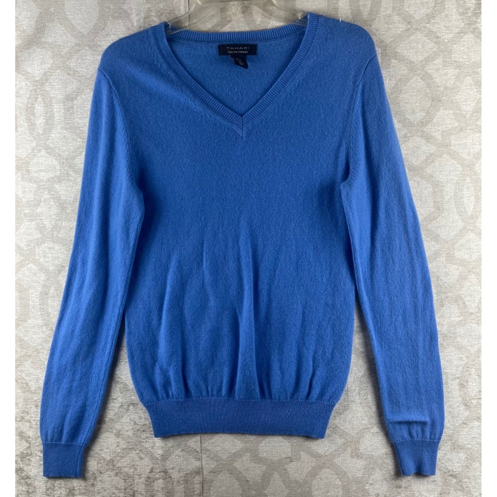 Tahari V-Neck Sweater Mens Large Blue 100% 2-Ply Cashmere Winter Classic